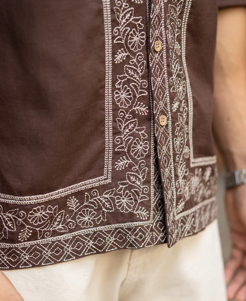 Dark Brown Linen Blend Embroidery Shirt - Image 6