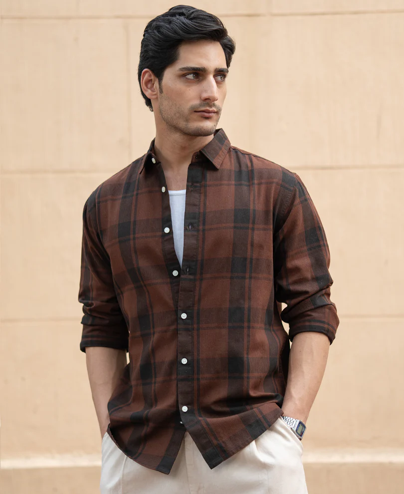 Dark Brown Structured Checked Shirt - Image 2