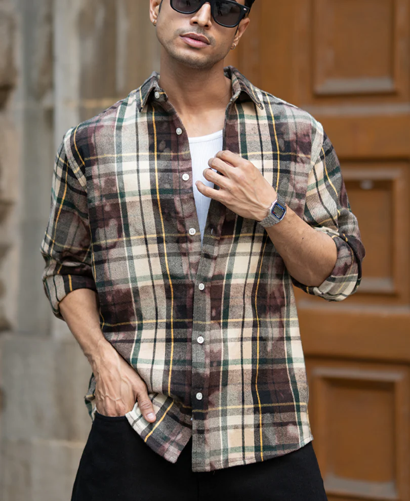 Dark Brown Washed Checks Shirt - Image 2