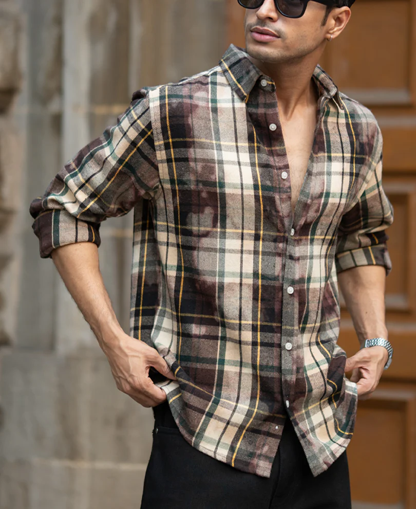 Dark Brown Washed Checks Shirt - Image 3