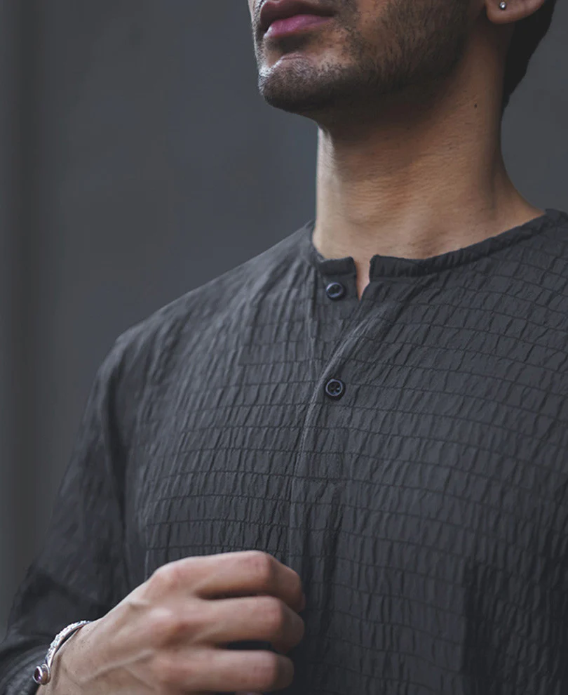Dark Grey Structured Kurta Style Full Sleeves Shirt - Image 4