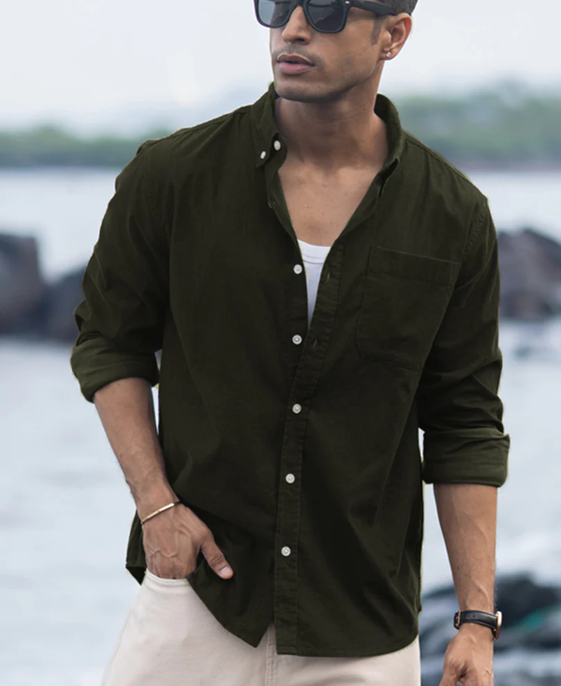 Dark Olive Corduroy Buttondown Shirt - Image 4