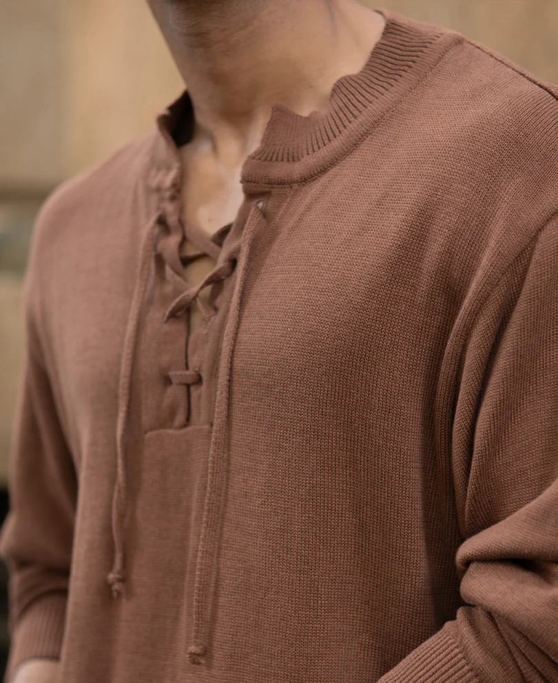 Dark Tan Knitted Henley T-Shirt - Image 3