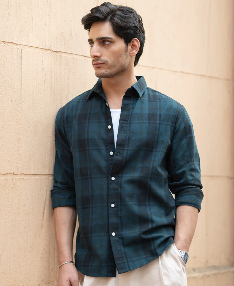 Dark Teal Structured Checks Shirt - Image 2