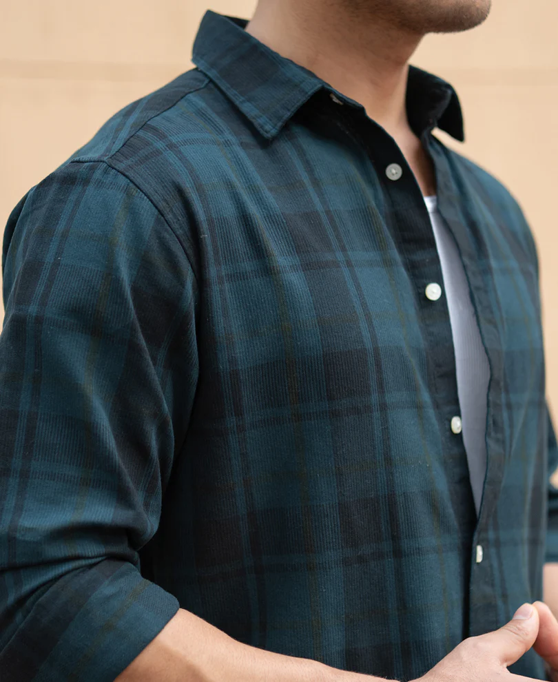 Dark Teal Structured Checks Shirt - Image 4