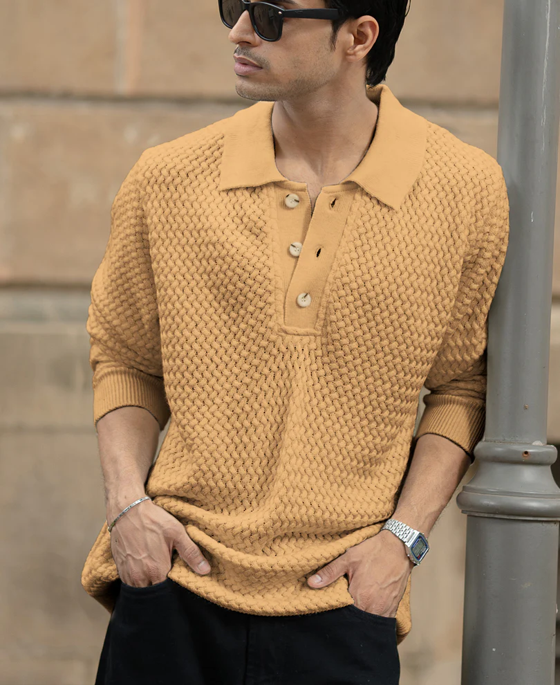 Dusty Yellow Knit Polo Sweater - Image 2