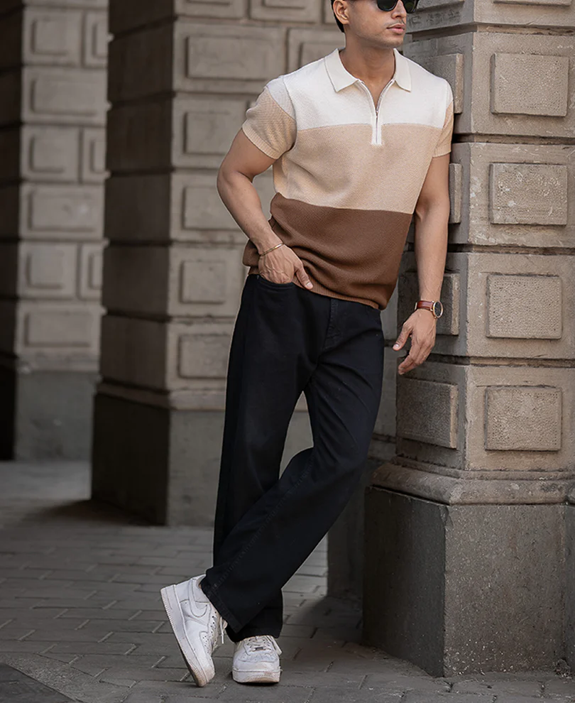 Earthy Stripe Zipper Polo T-Shirt - Image 5