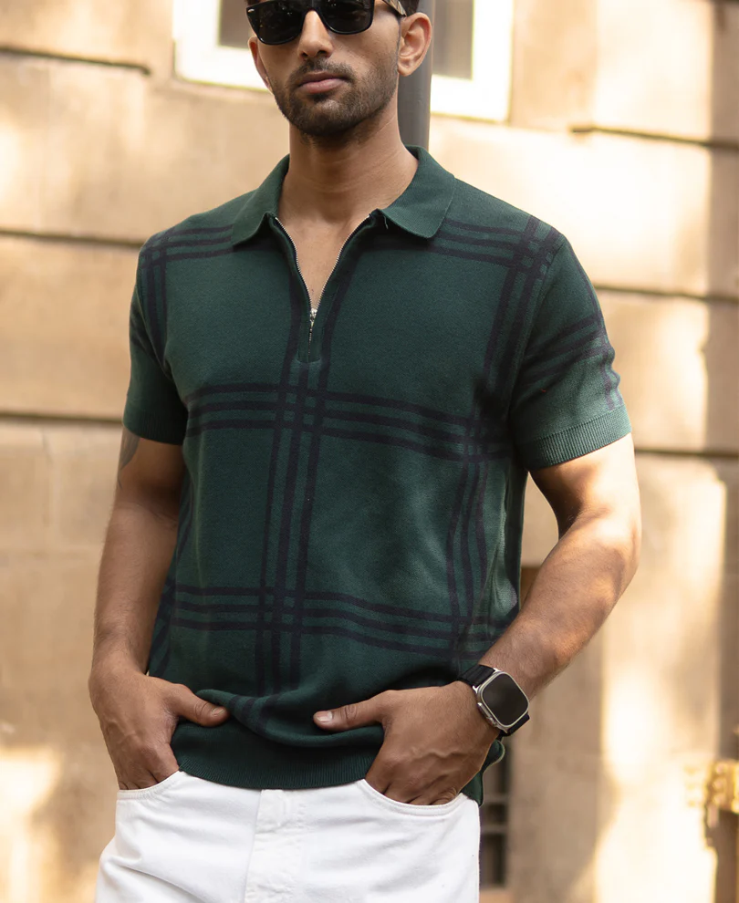 Forest Green Knitted Checks T-Shirt - Image 2