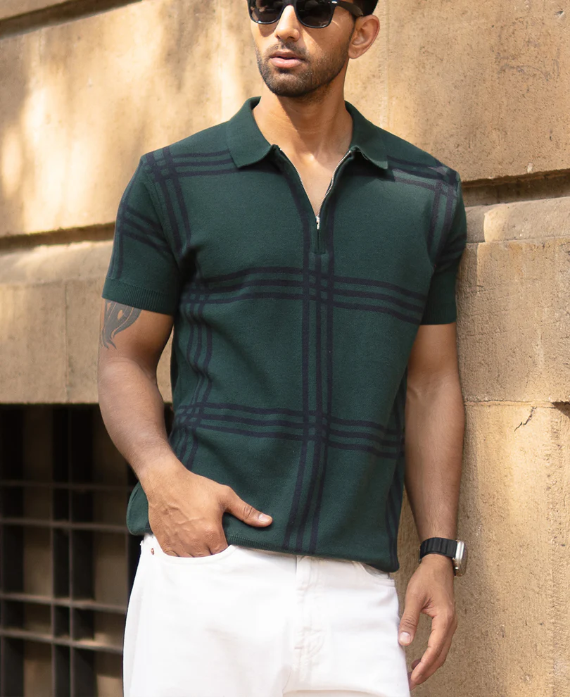 Forest Green Knitted Checks T-Shirt - Image 3