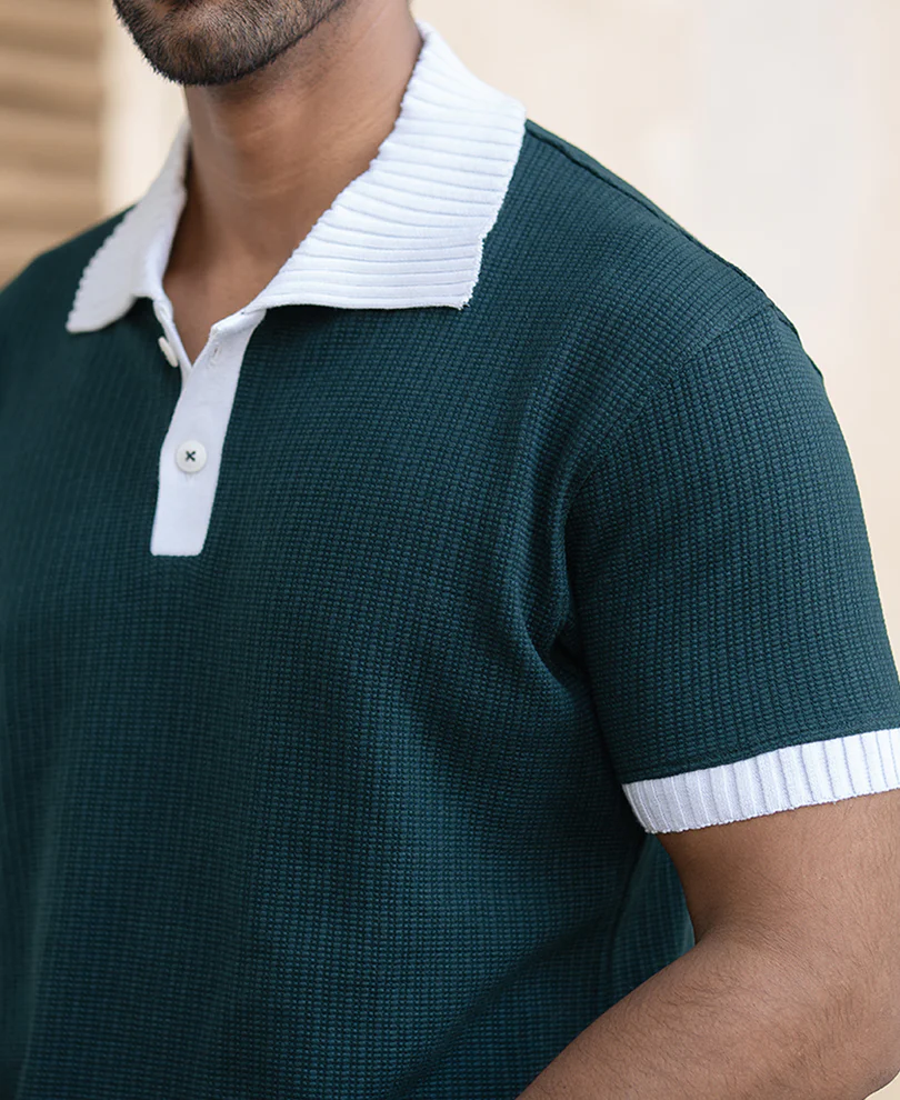 Green Bamboo Cord Regular Fit Half Sleeves T-Shirt - Image 4