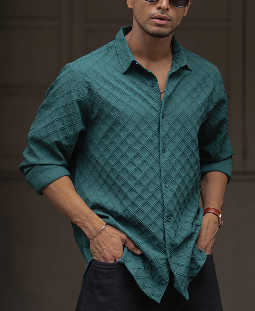 Green Plain Structured Regular Fit Full Sleeves Shirt - Image 4