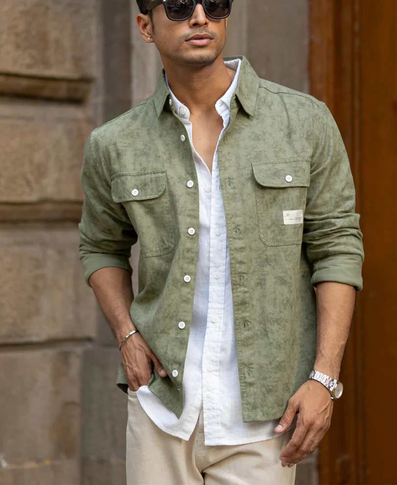 Green Printed Structure Shirt