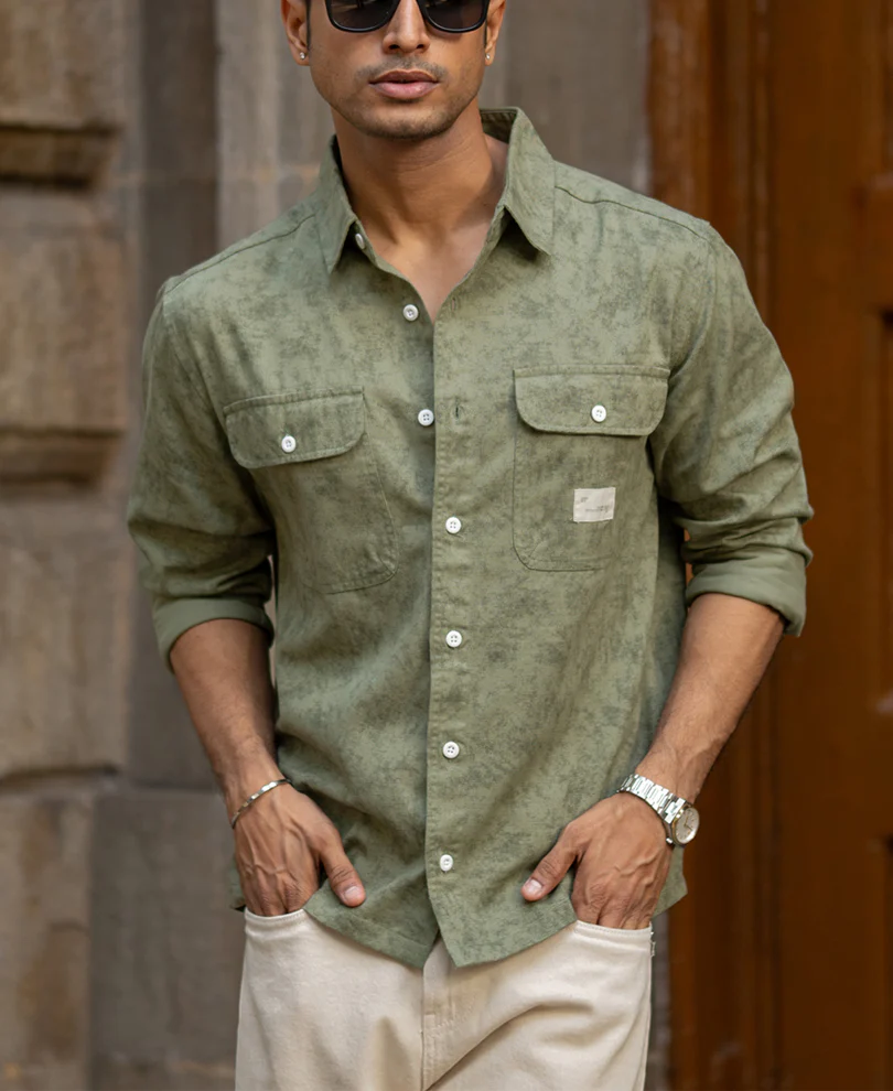 Green Printed Structure Shirt - Image 2