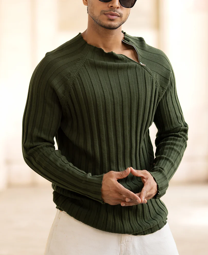 Olive High Neck Ribbed T-Shirt - Image 2