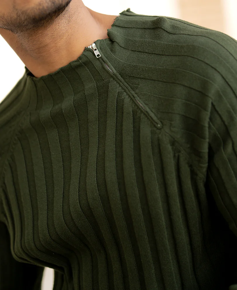 Olive High Neck Ribbed T-Shirt - Image 4