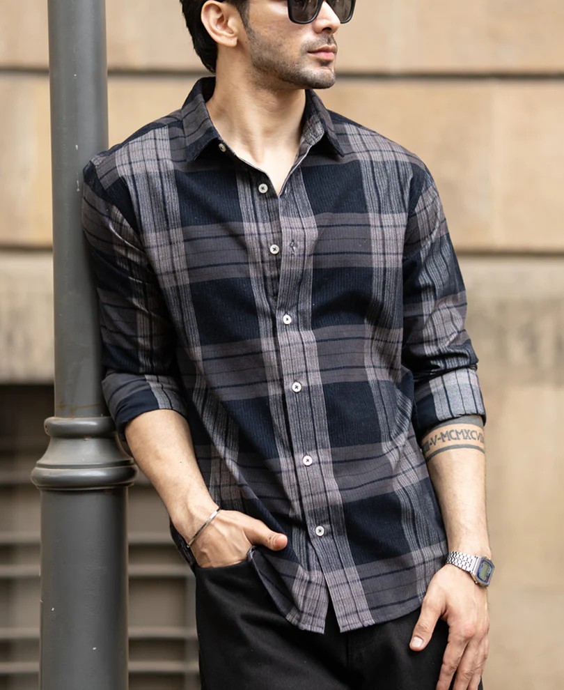 Grey Coudroy Checks Shirt - Image 2