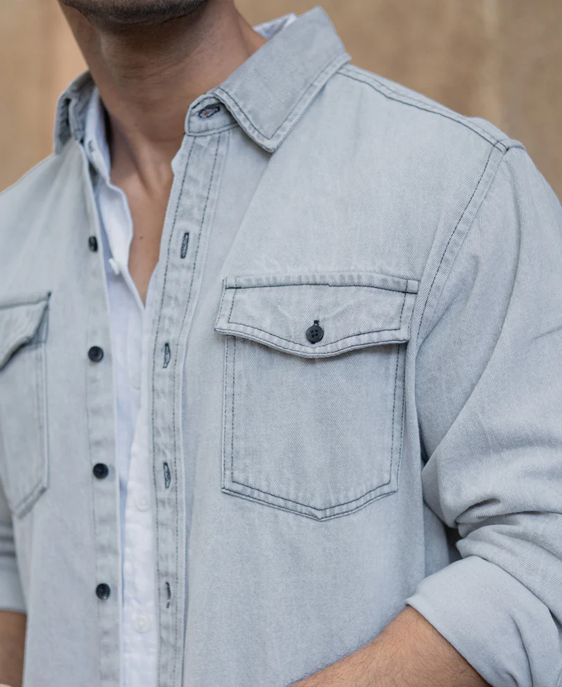 Grey Denim Shacket With Pockets - Image 4