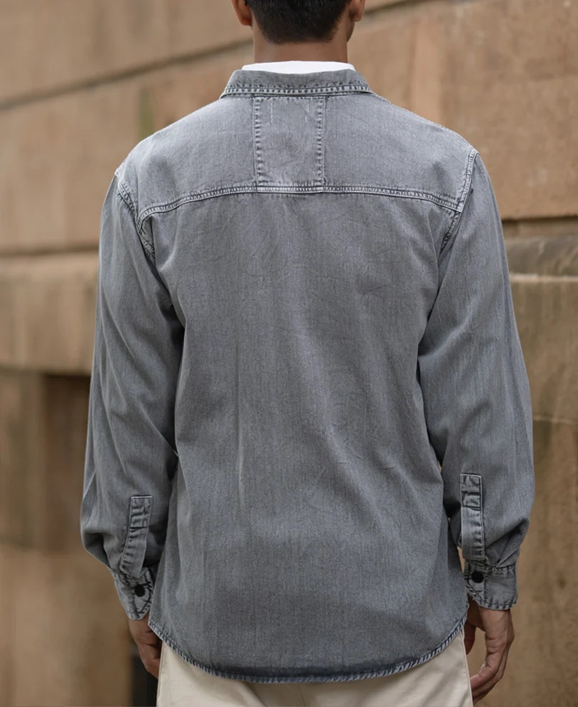 Grey Denim Shirt With Pockets - Image 6