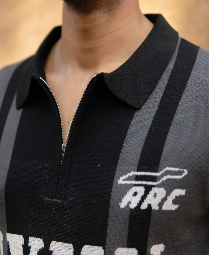 Grey Jacquard Half Sleeves Knit Polo T-Shirt - Image 4
