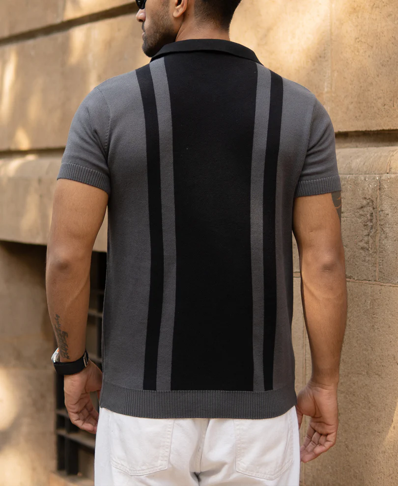 Grey Jacquard Half Sleeves Knit Polo T-Shirt - Image 5