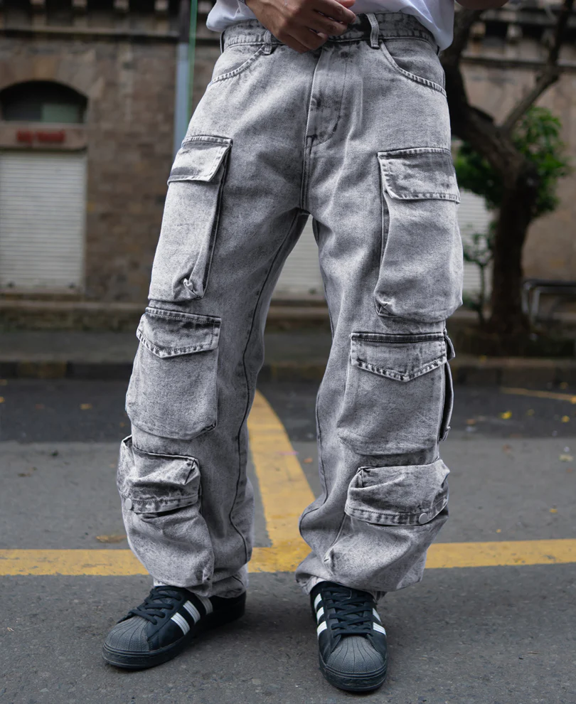 Grey Multi Pockets Baggy Fit Cargo Denim Jeans - Image 2