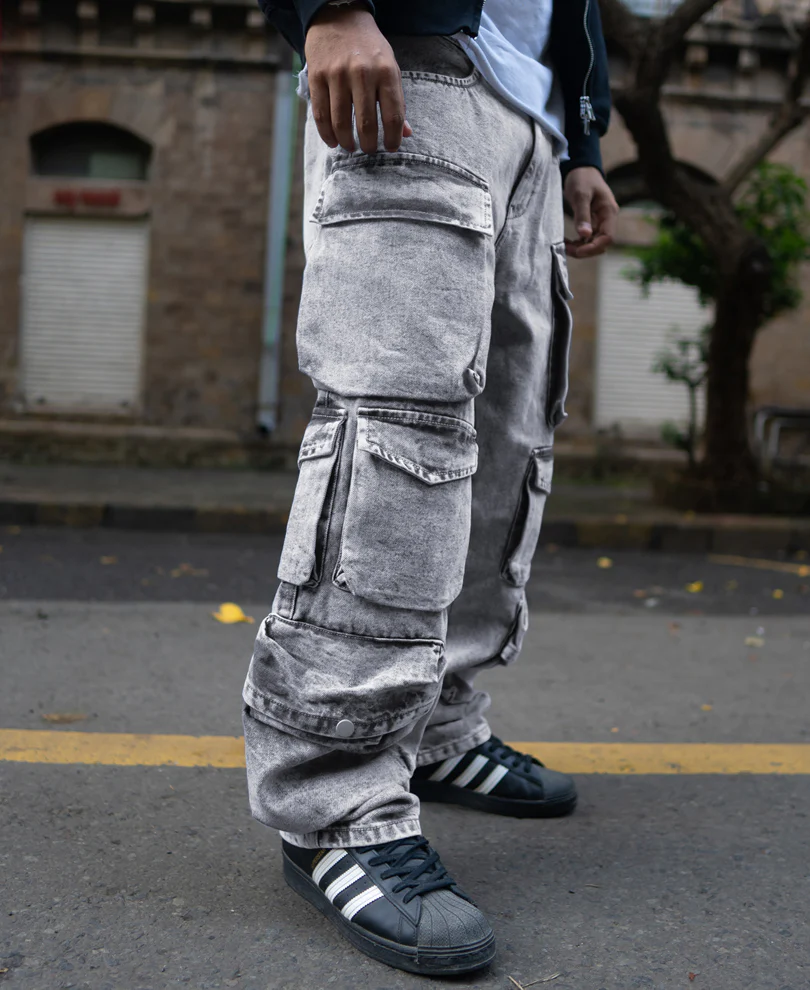 Grey Multi Pockets Baggy Fit Cargo Denim Jeans - Image 3