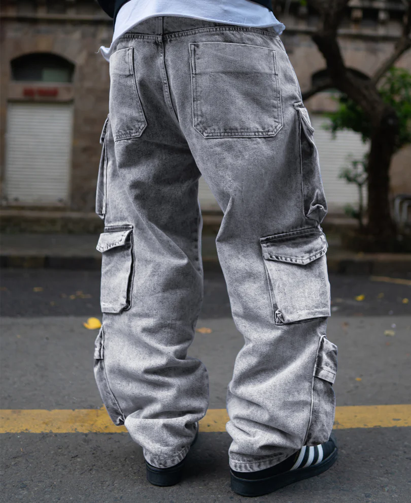 Grey Multi Pockets Baggy Fit Cargo Denim Jeans - Image 6