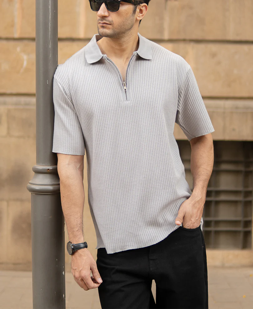 Grey Structured Zipper Polo T-Shirt - Image 3