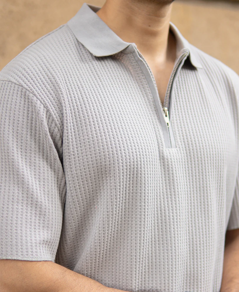 Grey Structured Zipper Polo T-Shirt - Image 4