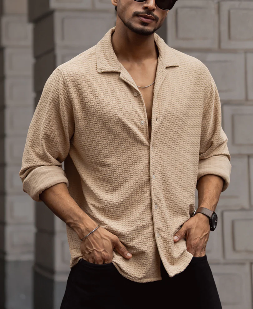 Light Beige Structured Full Sleeves Shirt