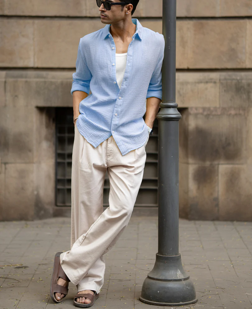 Light Blue Crinkled Cotton Shirt - Image 6