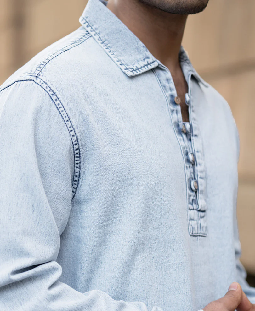 Light Blue Denim Kurta Shirt - Image 3