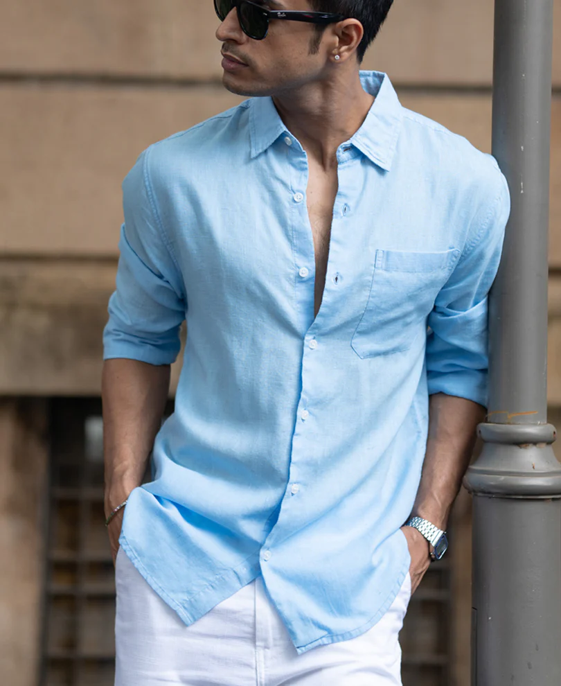 Light Blue Linen Blend Regular Fit Shirt - Image 2