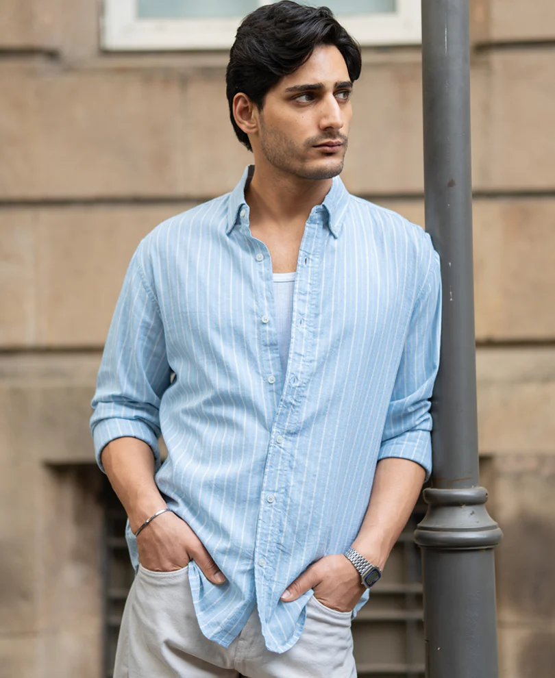 Light Blue Linen Stripe Shirt - Image 3