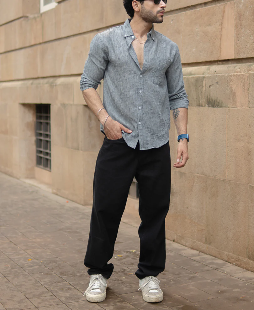 Light Grey Slub Textured Full Sleeves Shirt - Image 6
