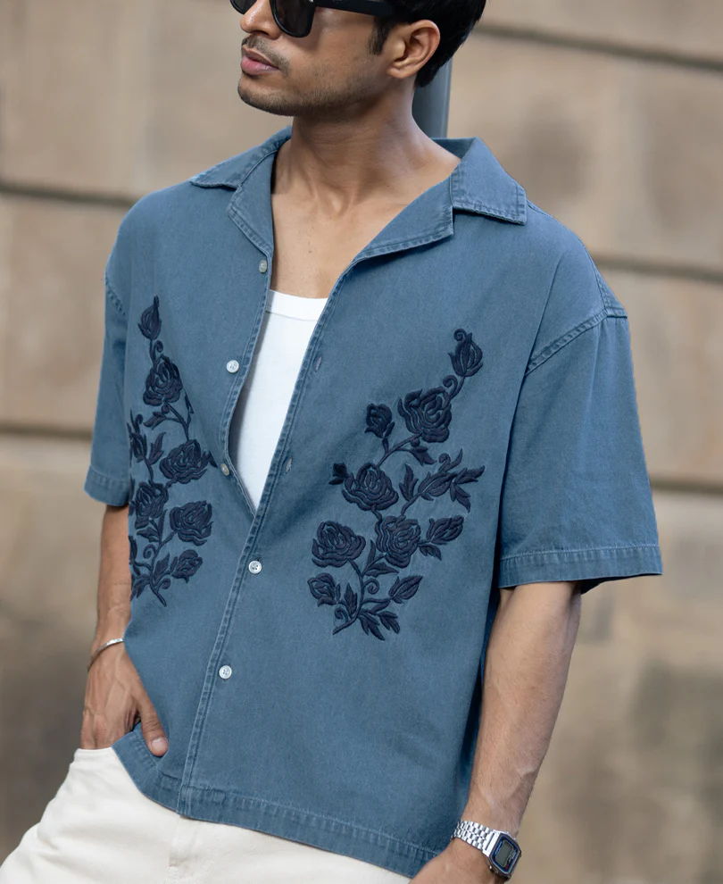Mid Blue Embroidered Denim Shirt