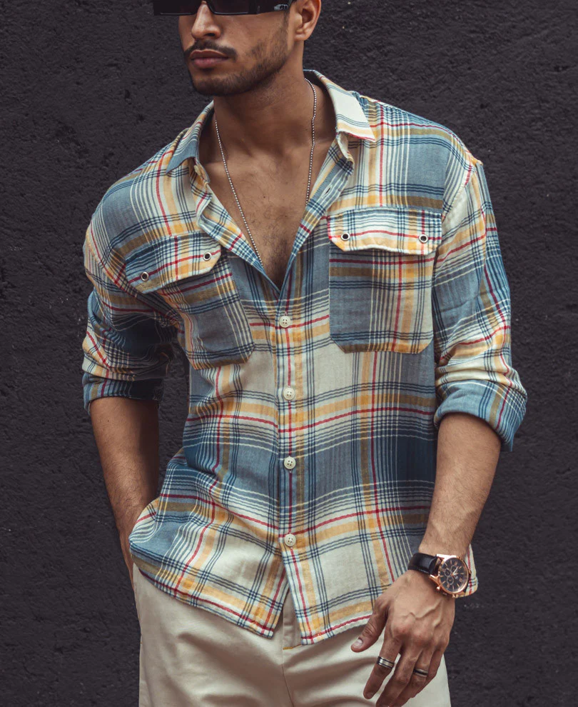 Multi Color Plaid Checks Oversize Drop Shoulder Shirt - Image 4