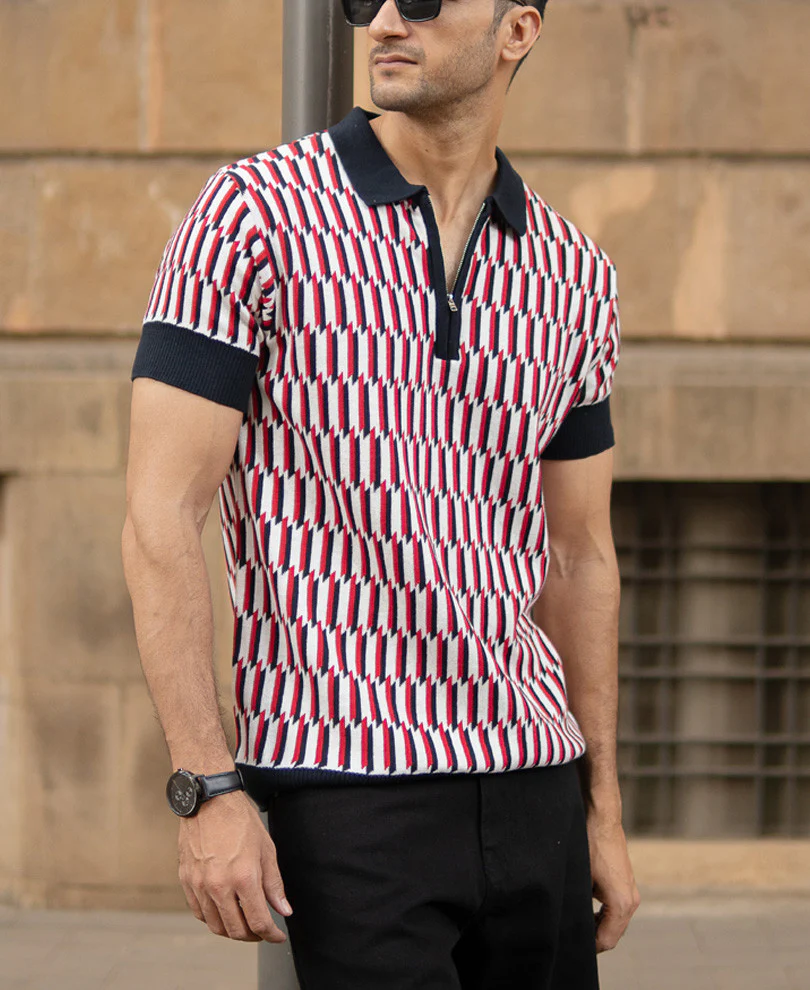 Multicolour Jacquard Knit Polo T-Shirt - Image 3