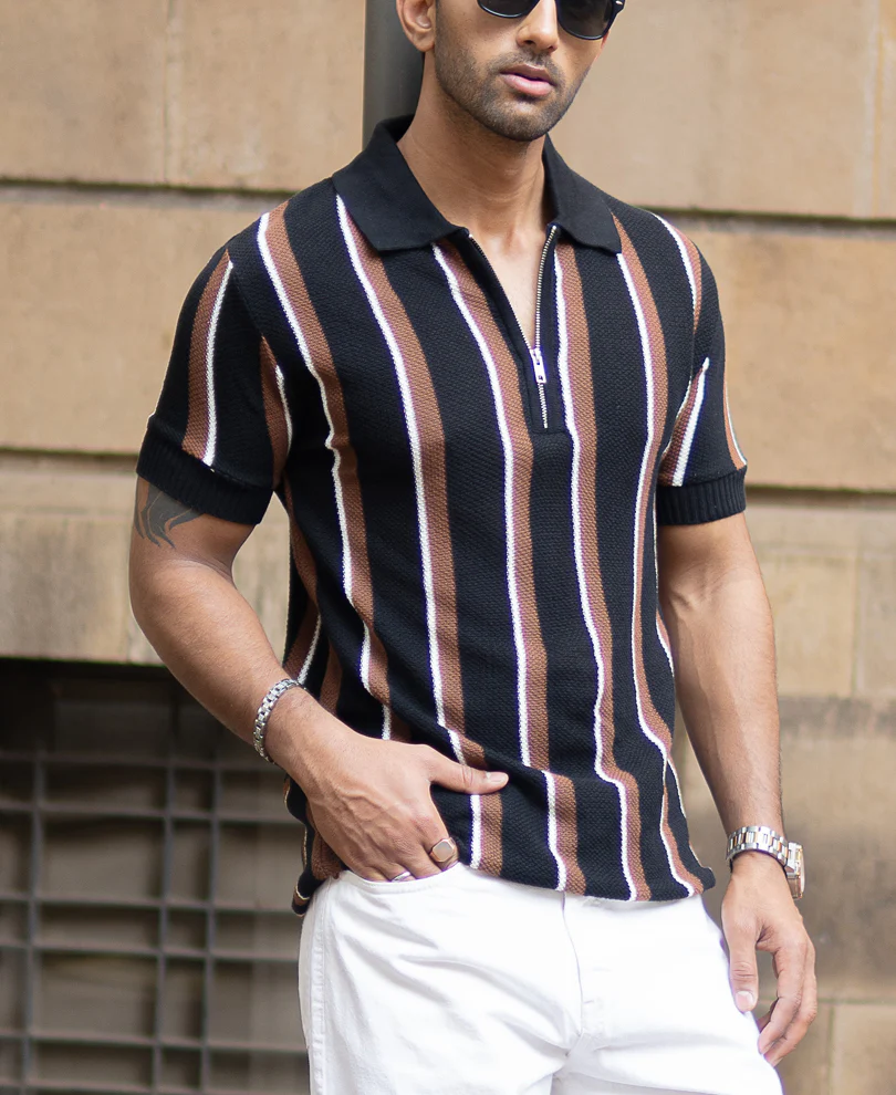 Multicolour Knitted Stripe Zipper T-Shirt - Image 4