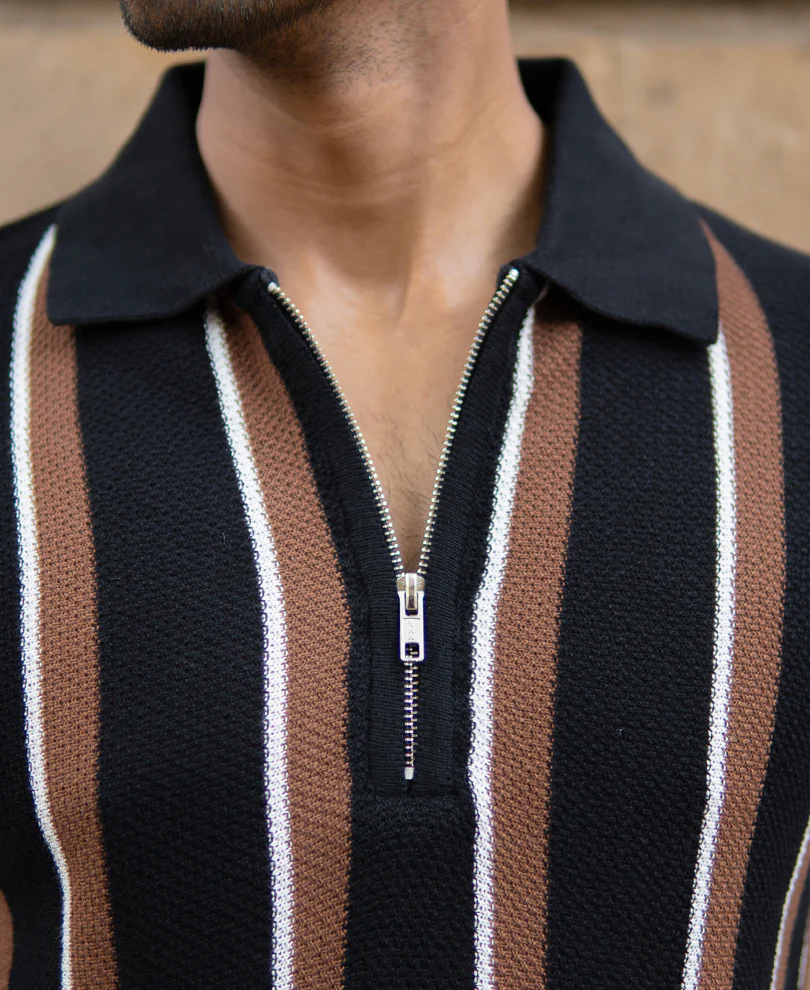 Multicolour Knitted Stripe Zipper T-Shirt - Image 5