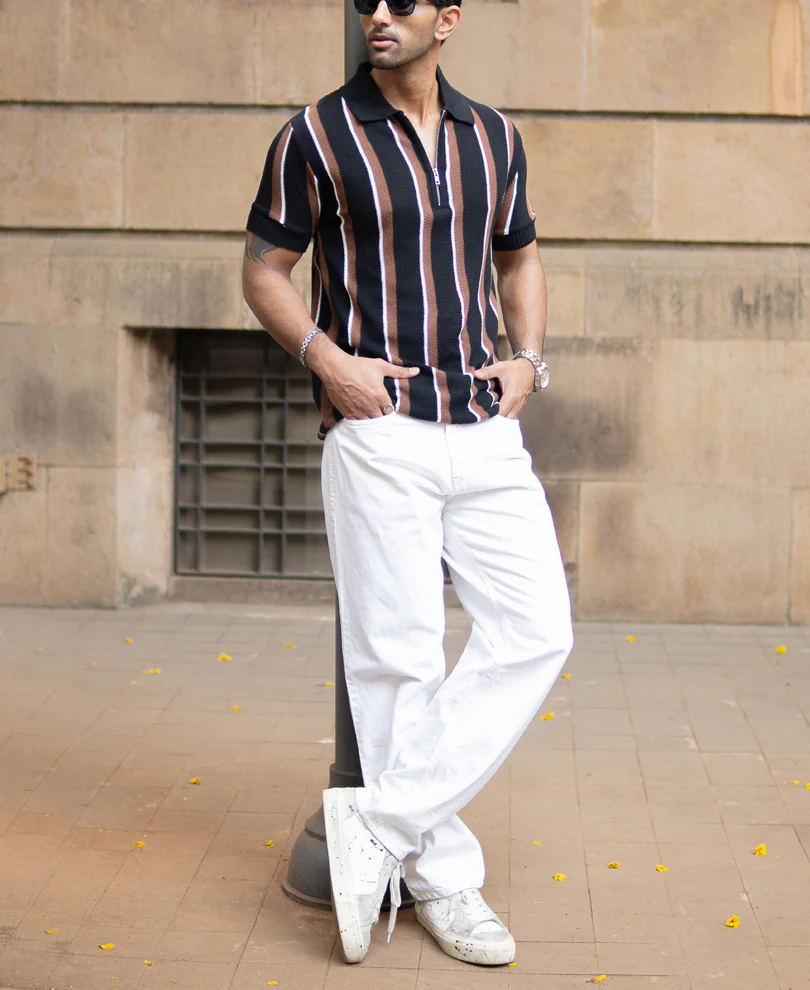 Multicolour Knitted Stripe Zipper T-Shirt - Image 7
