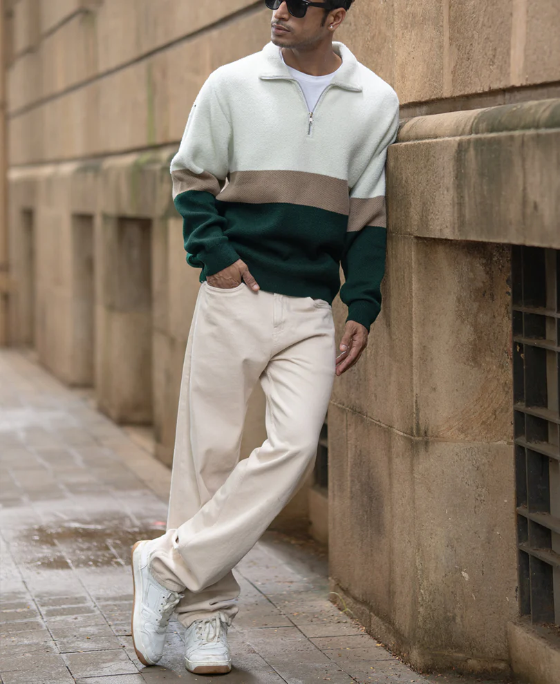 Multicolour Striped Zipper Sweater - Image 6