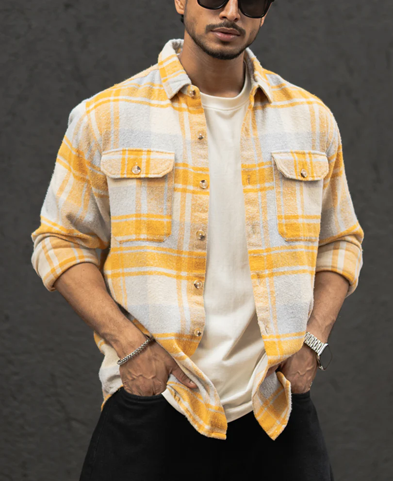 Mustard And Off-White Checks Regular Fit Full Sleeves Shirt - Image 3
