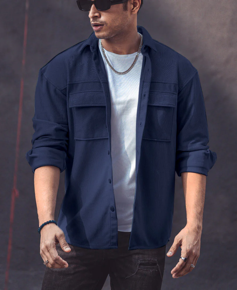 Navy Blue Pocket Oversize Shacket Drop Shoulder Shirt - Image 4