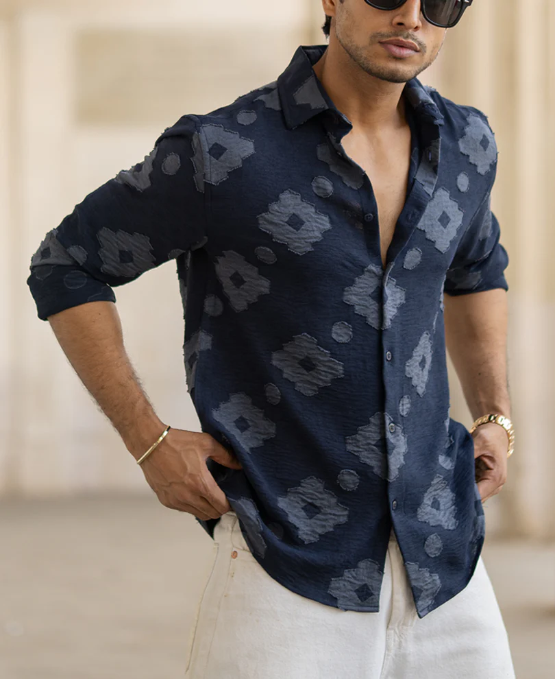 Navy Geometric Jacquard Shirt - Image 2