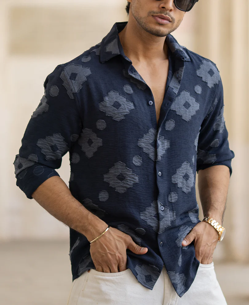 Navy Geometric Jacquard Shirt - Image 3