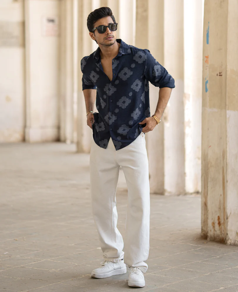 Navy Geometric Jacquard Shirt - Image 6