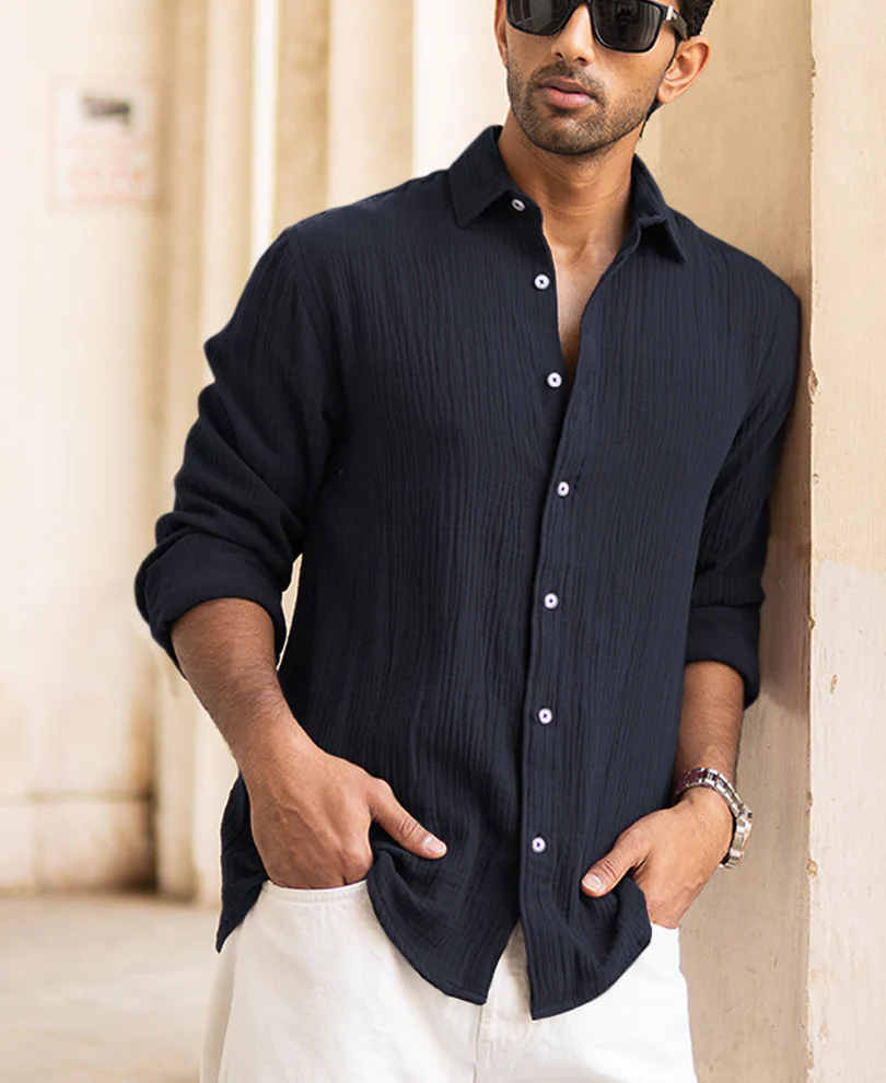 Navy Blue Regular Fit Full Sleeves Plain Shirt