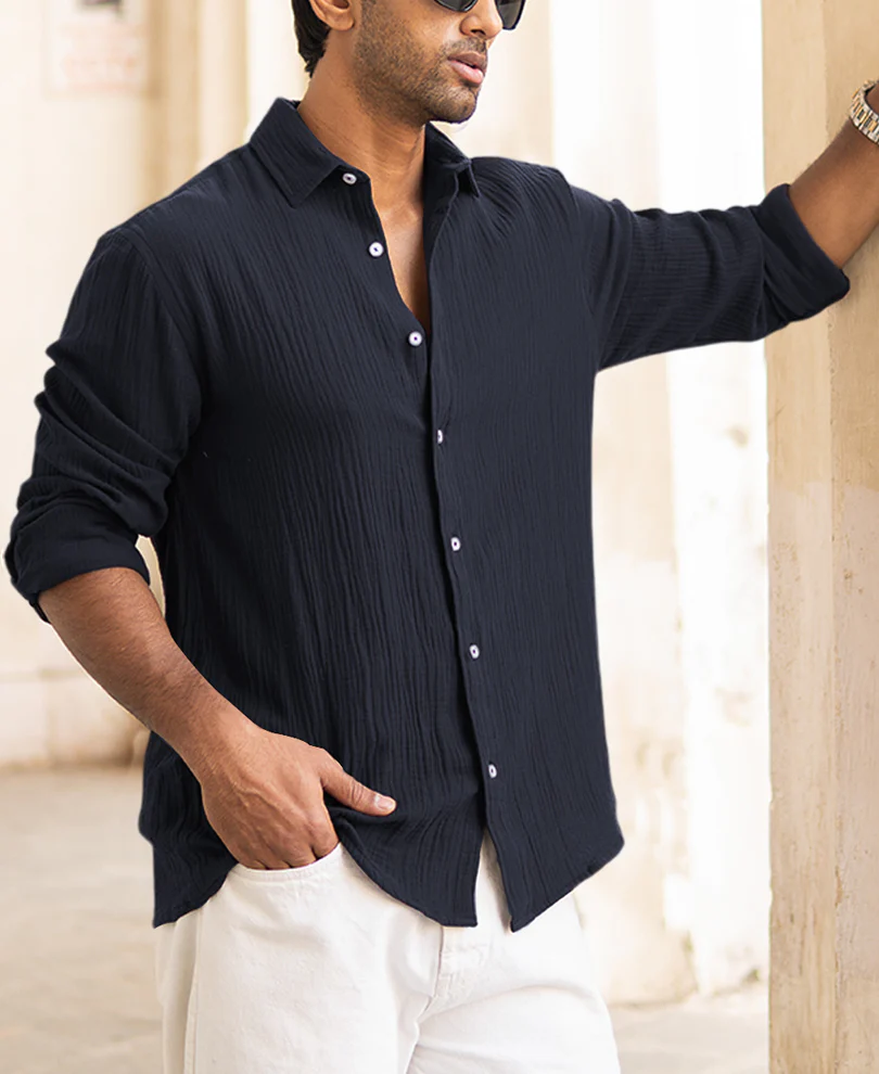 Navy Blue Regular Fit Full Sleeves Plain Shirt - Image 3