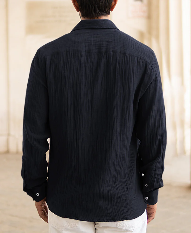 Navy Blue Regular Fit Full Sleeves Plain Shirt - Image 5